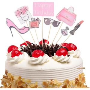 Beauty Taart Topper Set - Happy Birthday - Roze - Parfum - Zonnebril - Lippenstift - Tasje - Pumps - Taart Versiering - Verjaardag Versiering - Taart Decoratie - Kinderfeestje - Toppers - Taarttopper - Cake Topper