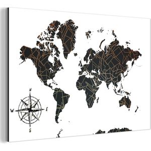 Wanddecoratie Metaal - Aluminium Schilderij Industrieel - Wereldkaart - Zwart - Wit - Koper - 150x100 cm - Dibond - Foto op aluminium - Industriële muurdecoratie - Voor de woonkamer/slaapkamer