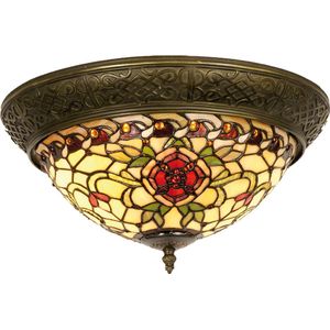 HAES DECO - Tiffany Plafondlamp Ø 38x19 cm Rood Groen Glas Driehoek Roos Plafonniere Glas in Lood