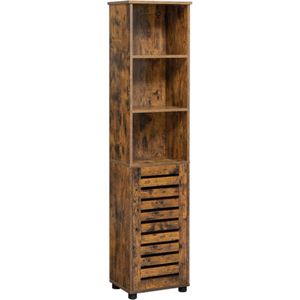 CGPN badkamermeubel, hoge kast, badkamermeubel, 3 open vakken, 2 verstelbare planken achter de deur, opbergkast, voor badkamer, hal, keuken, woonkamer, vintage bruin BBK160X01