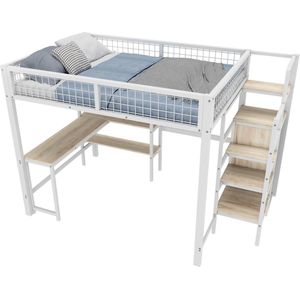 Merax Hoogslaper 140x200 cm - Met Bureau - Kast en Rekken - Witte Metaal- en MDF-Constructie - Zonder Matras