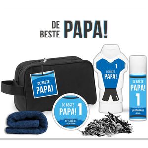 Geschenkset ""De beste papa"" - 5 Producten - 851 Gram | Toilettas zwart - Giftset man - Vader Verjaardag Vaderdag - Cadeau Set - Sterkste - Winnaar - Eerste plaats - Allerbeste Topper - Douchegel - Deodorant - Styling gel pakket - Nummer 1 - Blauw