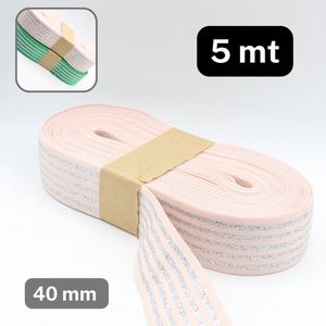 5 Meter LUREX BANDELASTIEK / TAILLE ELASTIEK, Breedte 40MM, Kleur ROZE met 5 ZILVEREN Strepen