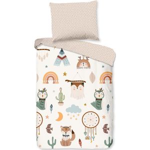 Kinderdekbedovertrek 135x200 cm - Tipi Tenten en Dieren Print - Zand - 1 Persoons - 100% Katoen - Oeko-Tex Gecertificeerd