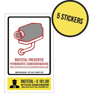 Pictogram/ sticker | Camerabewaking Wetgeving maart 2007 + Diefstal preventie | 9 x 15 cm | Onze artikelen zijn beveiligd | Winkeldiefstal | Dieven afschrikken | Diefstal | Politie | GAS-boete | Wettelijke schadevergoeding 181,00 euro | 5 stuks