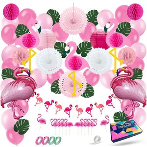 Fissaly 72 Stuks Tropische Flamingo Feest Decoratie – Roze Ballonnen – Honeycomb Versiering – Hawaii & tropical