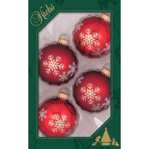 8x stuks luxe glazen kerstballen 7 cm rood met sneeuwvlok - Kerstversiering/kerstboomversiering