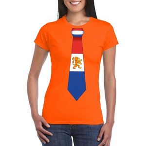 Oranje t-shirt met Hollandse vlag stropdas dames -  Oranje Koningsdag/ Holland supporter kleding XL