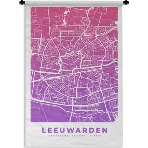 Wandkleed - Wanddoek - Stadskaart - Leeuwarden - Paars - Roze - 60x90 cm - Wandtapijt - Plattegrond