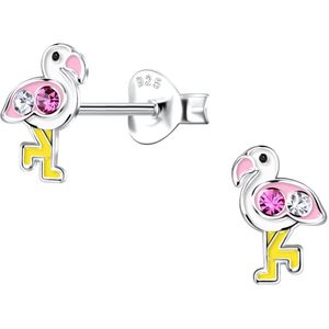 Joy|S - Zilveren flamingo oorbellen - 8 x 5 mm - wit roze en geel - kristal - kinderoorbellen - vogel