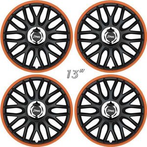 Wieldoppen ORDEN-BOR 13 inch satijn-zwart/oranje rand (set a 4 stuks in doos)