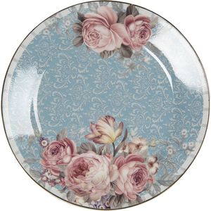 Clayre & Eef Ontbijtbord Ø 18 cm Blauw Roze Porselein Bloemen Bord