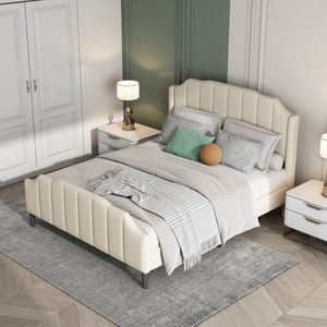 Sweiko Gestoffeerd bed 140 x 200 cm Bedframe met Hoofdeinde, Flat noedles frame Beige fluweel gestoffeerd dubbel jeugdbed (zonder matras)