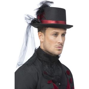 Smiffy's - Vampier & Dracula Kostuum - Master Vampier Hoed Met Tule - Zwart - Halloween - Verkleedkleding