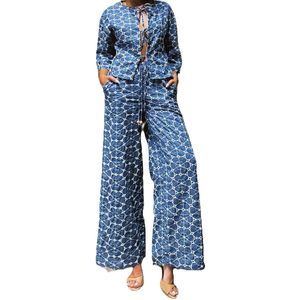 Dilena fashion set broek-blouse denim look knotted cotton geborduurd