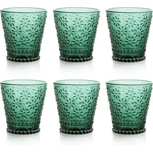 250 ml drinkglas kleurglas - set van 6 groene waterglazen met madeliefjespatroon - vintage stapelbaar waterglas voor drinken, cocktail en thee