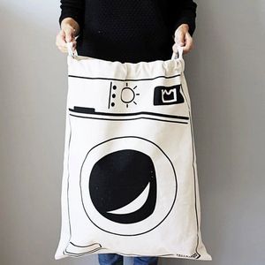 Allernieuwste.nl® Waszak met Wasmachine Print - Wasgoed Opbergtas met Trekkoord - Badkamer Was Zak - Laundry Bag - wit-zwart - 65 x 47 cm