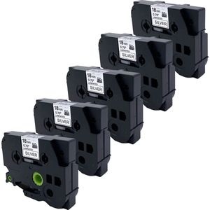 DULA Brother Compatible label tape- Tze-941 - 5 cassettes - Brother P-Touch - Zwart op zilver - 18mm x 8m