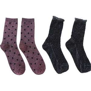 Glitter sokken set - 2 pack - 2 paar sokken - Zilver - Roze met Stipjes - One size