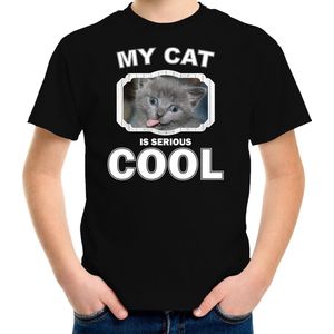 Grijze kat katten t-shirt my cat is serious cool zwart - kinderen - katten / poezen liefhebber cadeau shirt - kinderkleding / kleding 122/128