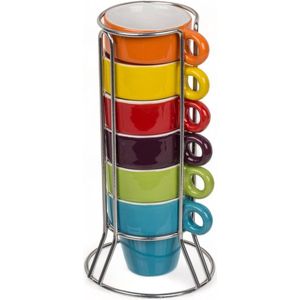 Kleurrijke set van 6 espressokopjes met chromen standaard - stapelbare aardewerkkopjes 60 ml - vaatwasmachinebestendig - voor het moderne huishouden