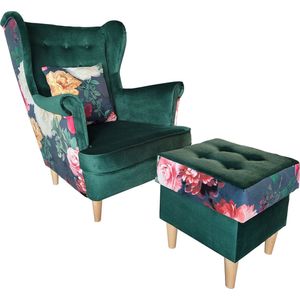 Lounge fauteuil met voetsteun - fauteuil + poef 40x40 + kussen - groen + patroon - Maxi Maja