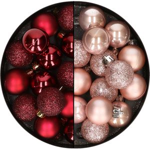 28x stuks kleine kunststof kerstballen zachtroze en bordeaux rood 3 cm - kerstversiering