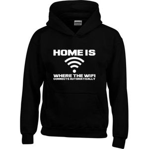 Hoodie - Home Is Where The WiFi Connects Automatically - Sarcastisch - Sarcasme - Tekst - Zwart - Unisex - Maat XL