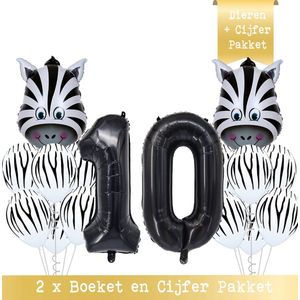 Snoes * Cijfer Ballon 10 Jaar Zebra Jungle Thema Ballon Boeketten Set van 15 Zebra Safari Verjaardag Folie en Latex ballonnen Hoera 10 Jaar Nummer Ballon