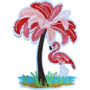 Palmboom Oase Flamingo XL Strijk Embleem Patch 117 cm / 16.1 cm / Roze Blauw Bruin