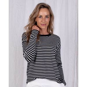 Dames trui zwart offwhite stripe viscose rondehals lange mouwen - Manilla.