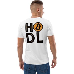 Bitcoin T-shirt - HODL - Rug Print - Unisex - 100% Biologisch Katoen - Kleur Wit - Maat XL | Bitcoin cadeau| Crypto cadeau| Bitcoin T-shirt| Crypto T-shirt| Crypto Shirt| Bitcoin Shirt| Bitcoin Merch| Crypto Merch| Bitcoin Kleding