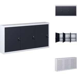 vidaXL Wandgereedschapskast - 120 x 19 x 60 cm - Grijs/Zwart - Met 3 schappen - 3 afsluitbare deuren - Gereedschapskar