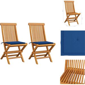 vidaXL Tuinstoel - Tuinstoelen - Tuin Stoel - Tuin Stoelen - Tuinstoelen 2 st met koningsblauwe kussens massief teakhout
