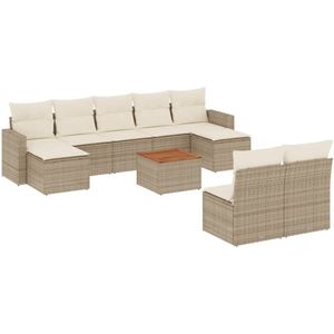 The Living Store 10-delige Loungeset met kussens poly rattan beige - Tuin Lounge Set - Loungebank - Buitendiner - Buitenkamer - Relaxstoel
