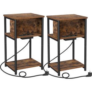 FurnStar - Bijzettafel - set van 2 - nachtkastje met stopcontact - klein - 2 AC-aansluitingen - 2 USB-poorten - 30 x 34 x 58 cm - voor woonkamer - slaapkamer - vintage bruin-zwart