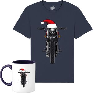 Kerstmuts Motor - Foute kersttrui kerstcadeau - Dames / Heren / Unisex Kleding - Grappige Kerst Outfit - T-Shirt met mok - Unisex - Navy Blauw - Maat M