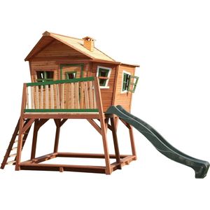 AXI Max Speelhuis in Bruin/Groen - Met Verdieping, Zandbak en Groene Glijbaan - Speelhuisje voor de tuin / buiten - FSC hout - Speeltoestel voor kinderen