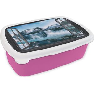 Broodtrommel Roze - Lunchbox - Brooddoos - Doorkijk - Berg - Water - 18x12x6 cm - Kinderen - Meisje