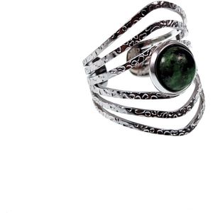 Ring met Steen Dames - Groen - RVS Zilver Kleur - Brede Ring - Opengewerkte - Verstelbaar