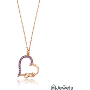 OZ Jewels Roségoud Gekleurde Zilveren Ketting met Hartdesign Versierd met Amethist - Accessoires - Liefdessieraden - Liefdesketting - Damesketting - Valentijnsdag - Cadeau - Moederdag - Ketting Meisje - Sieraden Dames - In mooie geschenkverpakking