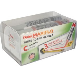 Pentel whiteboardmarker Maxiflo set van 4 stuks: blauw rood groen en zwart + magnetische bordwisser