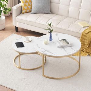 Ronde Salontafels Set van 2 met Marmerlook - Ruimtebesparende Woonkamer Tafels 80 cm en 60 cm