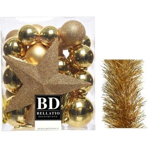 Kerstversiering kunststof kerstballen 5-6-8 cm met ster piek en folieslingers pakket goud van 35x stuks - Kerstboomversiering