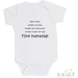 100% katoenen Romper ""Relax Mama Vergeet de afwas Vergeet het huishouden Morgen is weer een dag FIJNE MAMADAG!"" Moederdag Unisex Katoen Wit/zwart Maat 62/68