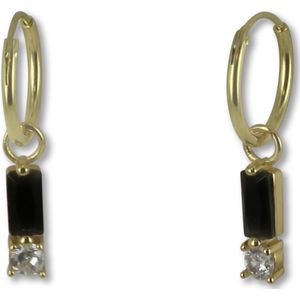 Silventi 9SIL-22279 Zilveren Oorringen met Hangertje - Dames - Zirkonia - Baquette - 6 x 3 mm - Zwart - 3,0 mm Doorsnee - Wit - Oorringen - 12 x 1,25 mm - Zilver - Gold plated (Verguld/Goud op Zilver)