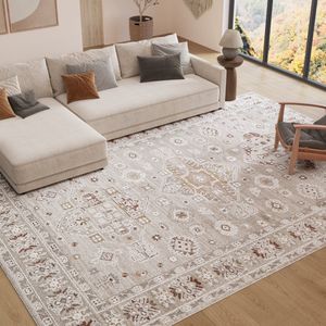 TAPISO Trend Tapijt Kortpolig - Vintage Tapijt Hoge Kwaliteit - Elegant Woonkamer Tapijt in Crème Bruin - Bloemen Abstract Frame - Easy-Care Tapijt - OEKO-TEX 200x300