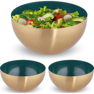 Relaxdays 3x saladeschaal - 3,5 liter - groen-goud - slakom - mengkom - Ø 25cm - rvs