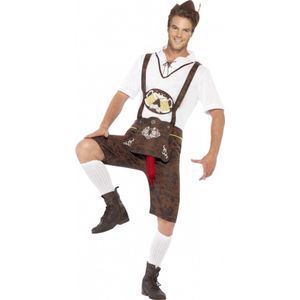 Oktoberfest Bruine funny Tiroler lederhosen kostuum/broek met bratwurst voor heren - Carnavalskleding Oktoberfest/bierfeest grappige verkleedoutfit 56/58