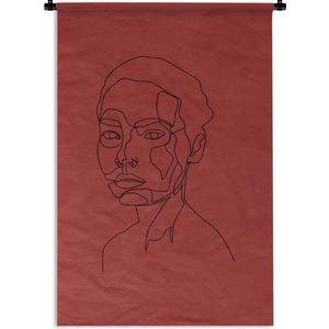 Wandkleed Line-art Vrouwengezicht - 15 - Line-art illustratie kortharige vrouw op een rode achtergrond Wandkleed katoen 60x90 cm - Wandtapijt met foto